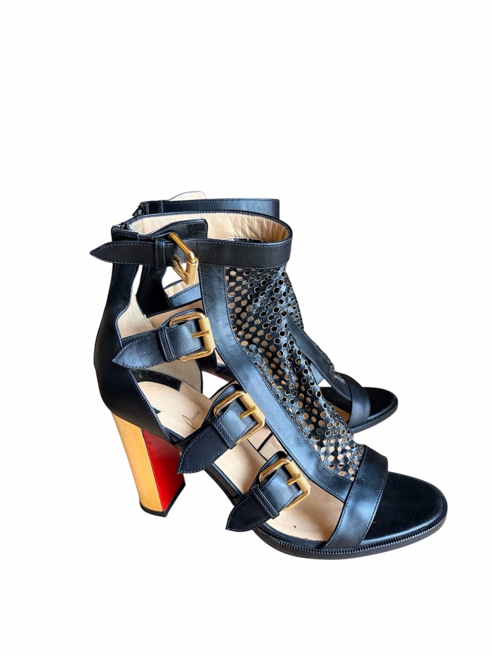 Christian Louboutin Fencing Black & Gold Perforated Leather High Heel Sandals - Picture 4 of 8